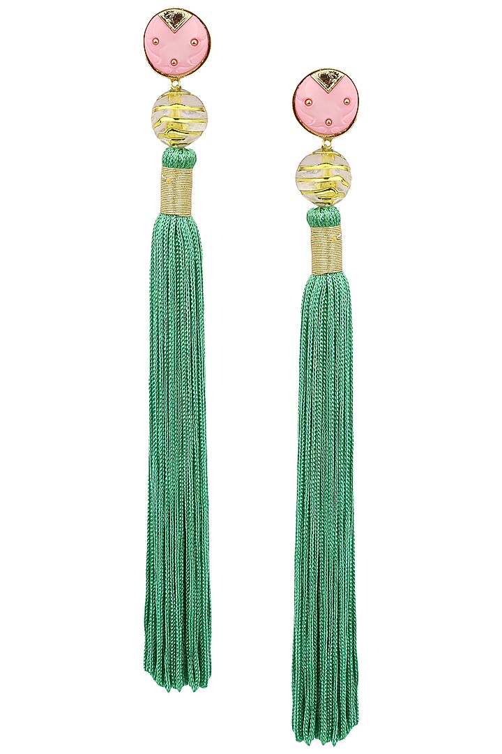 Gold plated pink acrylic top ang green silk tassel earrings available only at Pernia's Pop Up Shop.