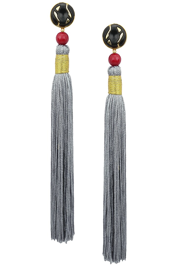 Gold plated red stone and grey silk tassel earrings available only at Pernia's Pop Up Shop.