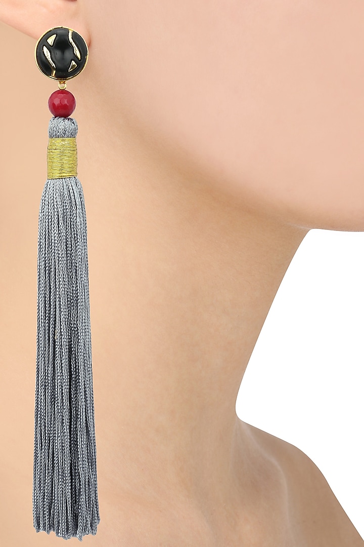 Gold Plated Red Stone and Grey Silk Tassel Earrings by Valliyan by Nitya Arora