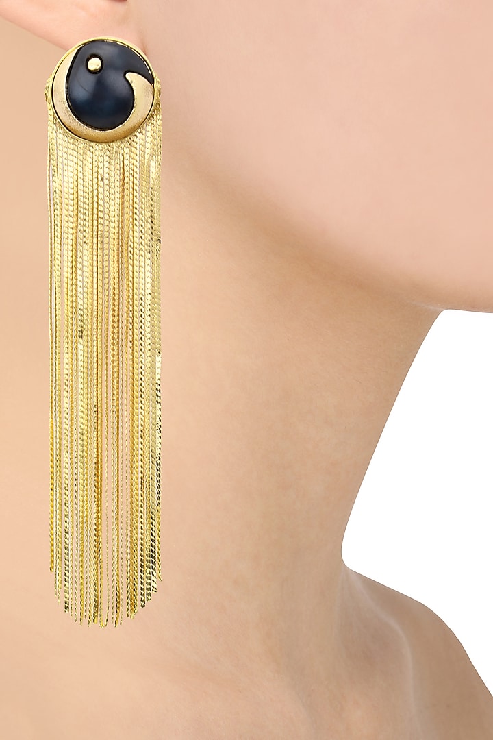 Gold Plated Black Acrylic Top and Metal Tassel Earrings by Valliyan by Nitya Arora