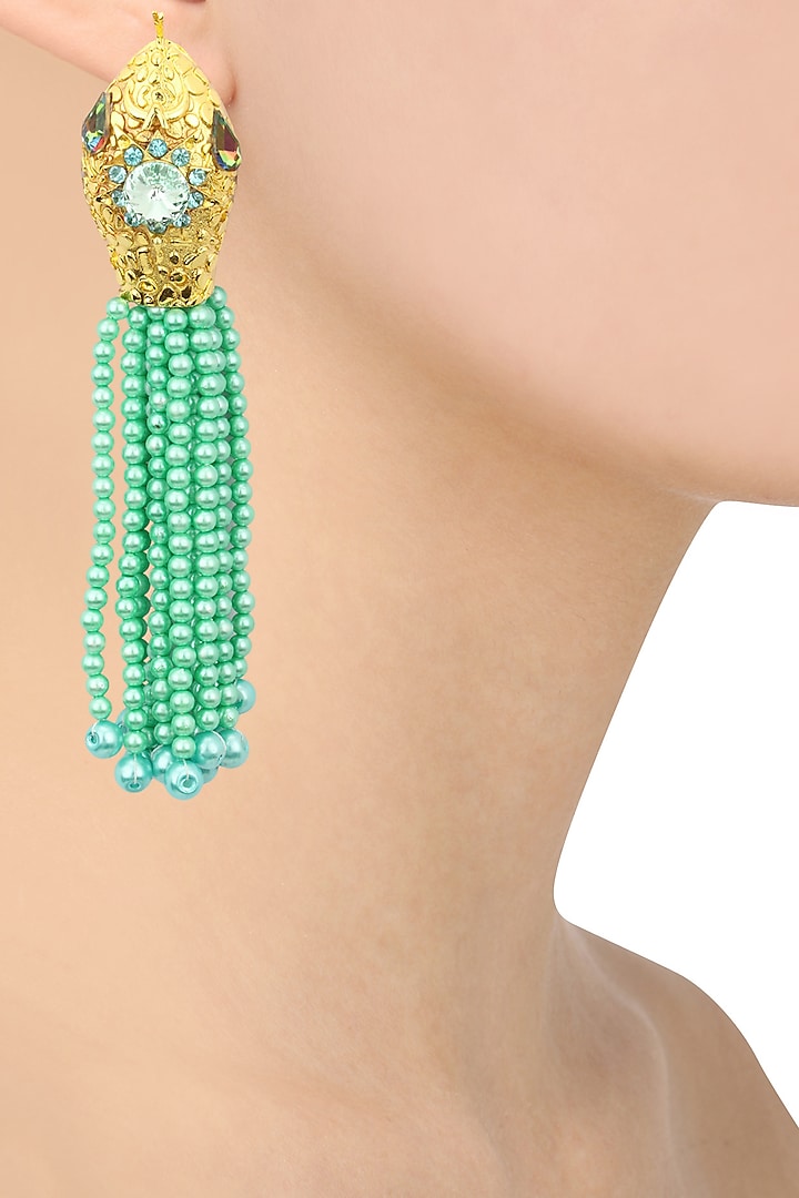 Gold Plated Textured Green Pearl Tassel Earrings by Valliyan by Nitya Arora