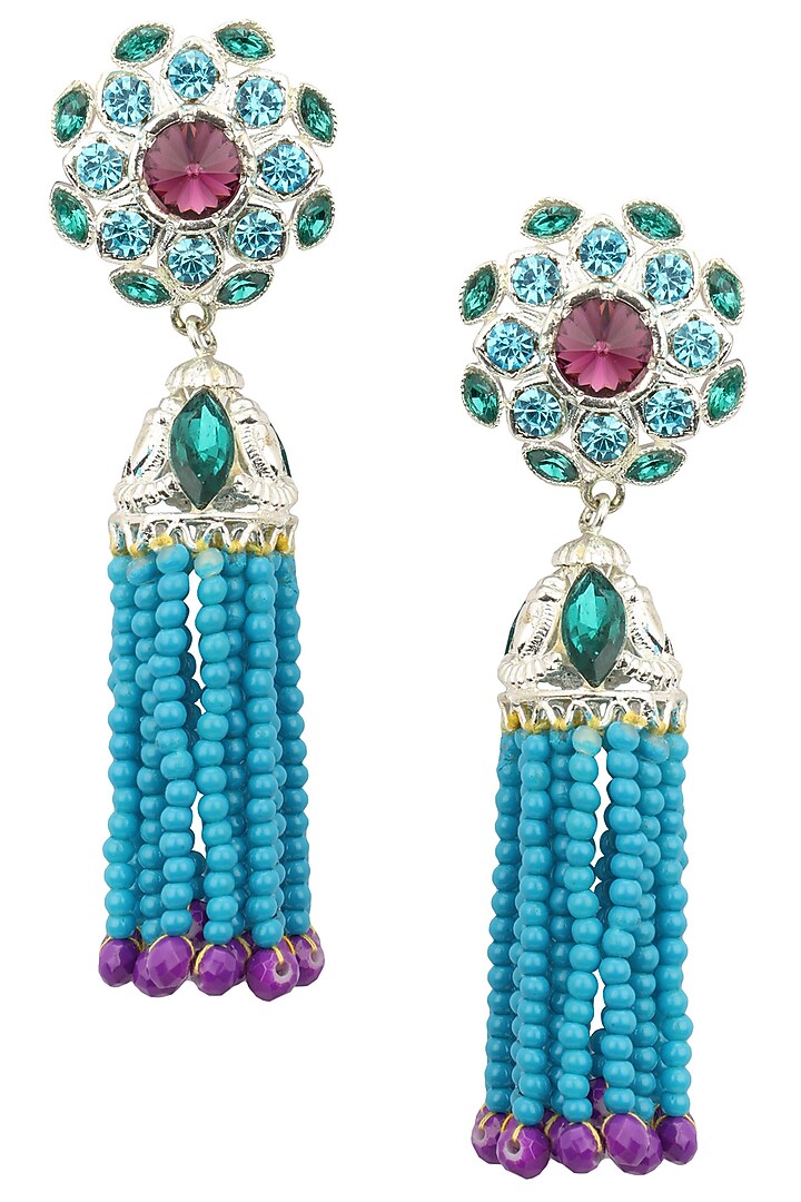 Rhodium finish purple stone and blue beads tassel earrings available only at Pernia's Pop Up Shop.