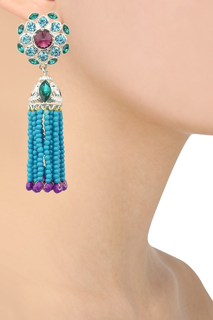 Rhodium Finish Purple Stone and Blue Beads Tassel Earrings by Valliyan by Nitya Arora