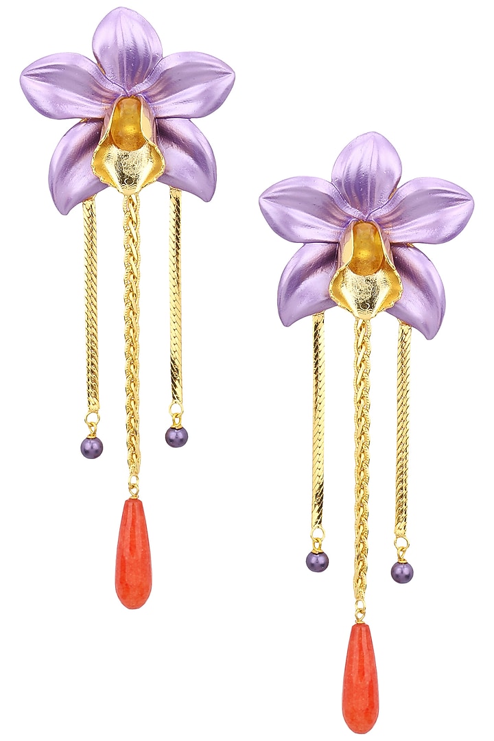 Gold plated purple acrylic flower top earrings available only at Pernia's Pop Up Shop.