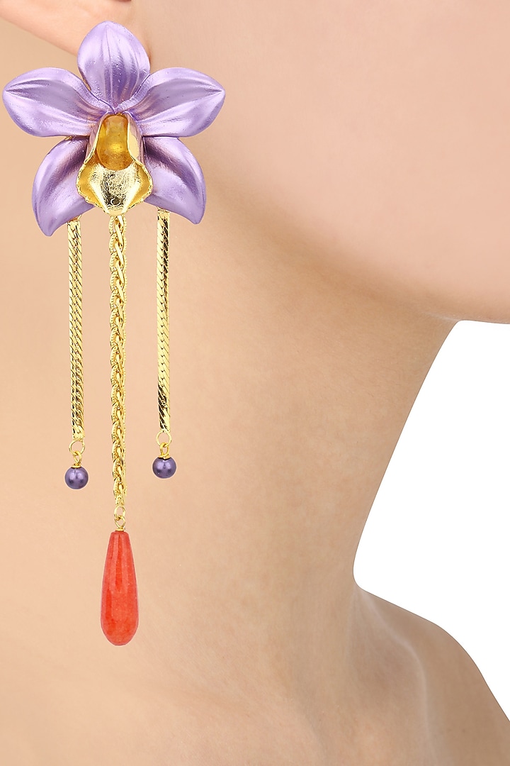 Gold Plated Purple Acrylic Flower Top Earrings by Valliyan by Nitya Arora