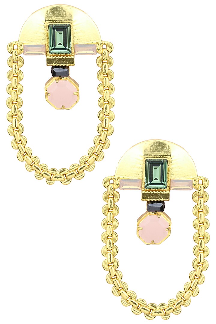 Gold plated green swarovski chain hanging earrings available only at Pernia's Pop Up Shop.
