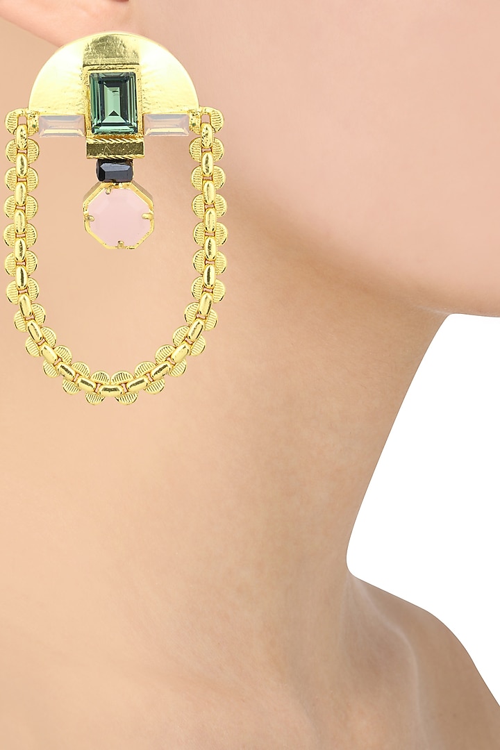Gold Plated Green Swarovski Chain Hanging Earrings by Valliyan by Nitya Arora