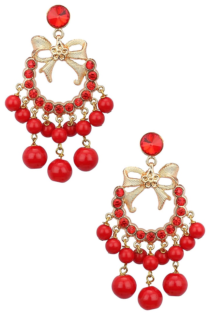 Rose gold plated red stone bow earrings available only at Pernia's Pop Up Shop.