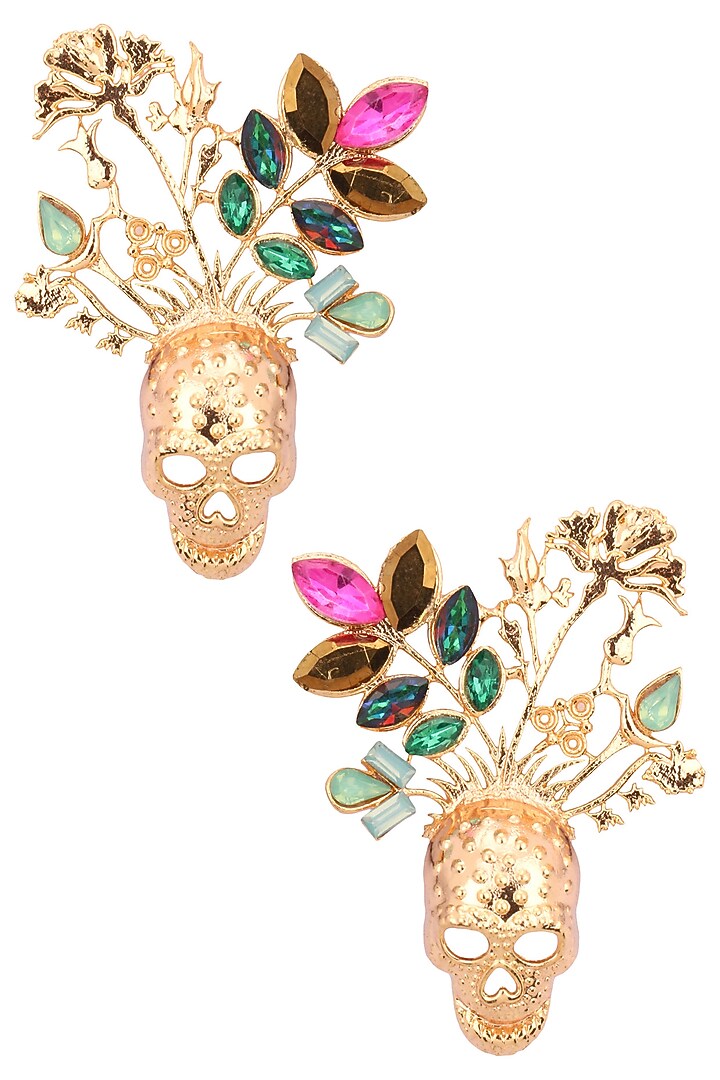 Gold plated multicolor stone skull earrings available only at Pernia's Pop Up Shop.