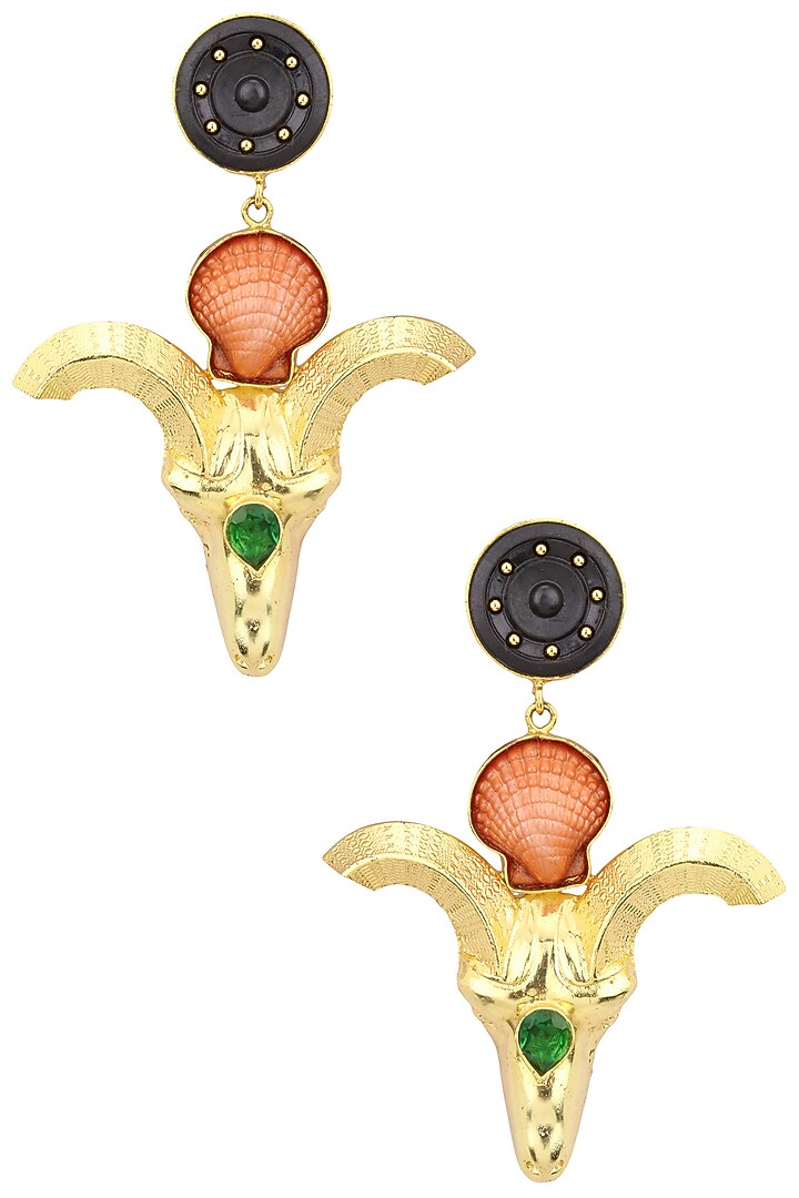 Gold plated black stone ram shell earrings available only at Pernia's Pop Up Shop.