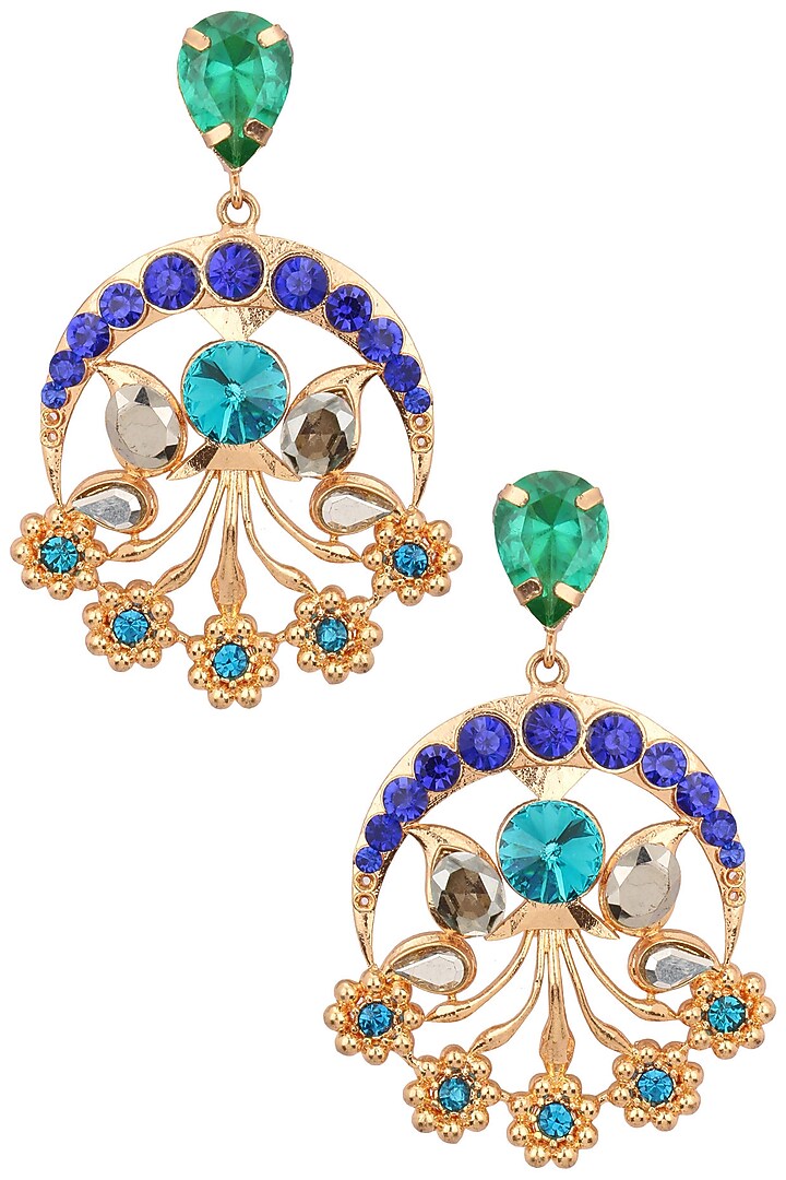Gold plated green and blue flower design earrings available only at Pernia's Pop Up Shop.
