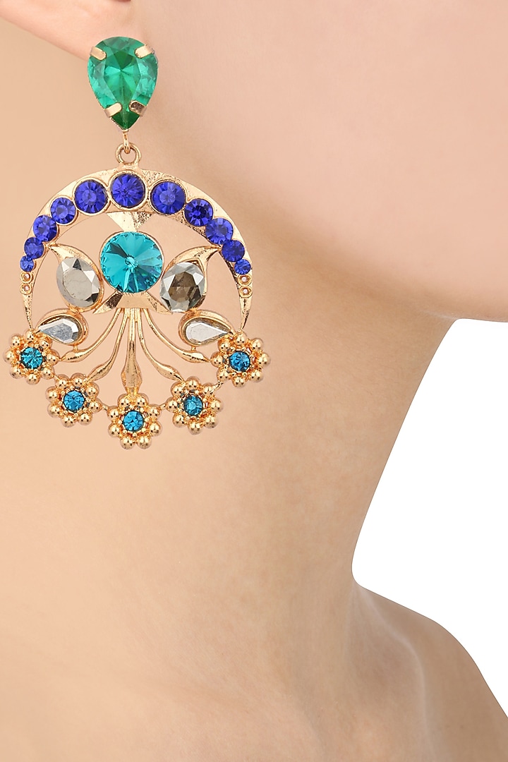 Gold Plated Green and Blue Flower Design Earrings by Valliyan by Nitya Arora