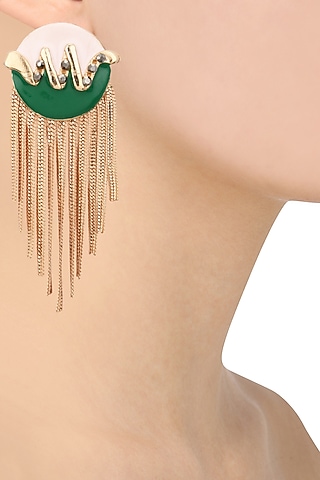 Rose Gold Finish Blue and Green Top Metal Tassel Earrings by Valliyan by Nitya Arora