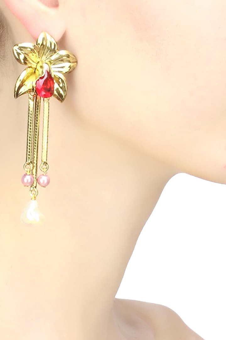 Gold finish semi precious stone fringe flower earrings by Valliyan By Nitya Arora