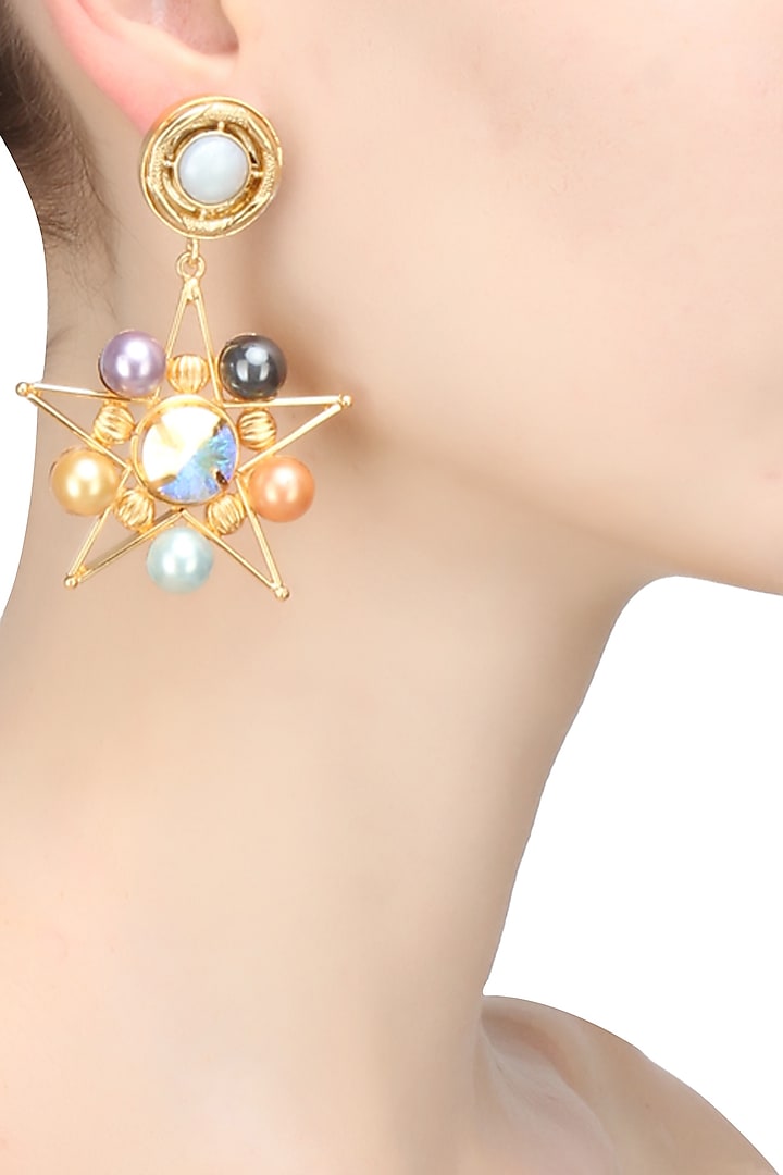Gold finish multi color pearl star shape earrings by Valliyan By Nitya Arora