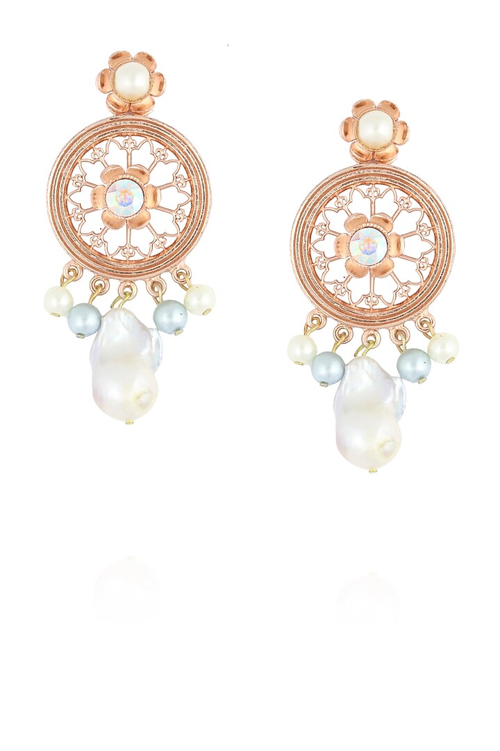 Rose gold plated pearl and stone round jaal earrings available only at Pernia's Pop Up Shop.