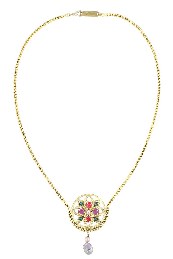 Gold finish semi precious stone round pendant necklace available only at Pernia's Pop Up Shop.