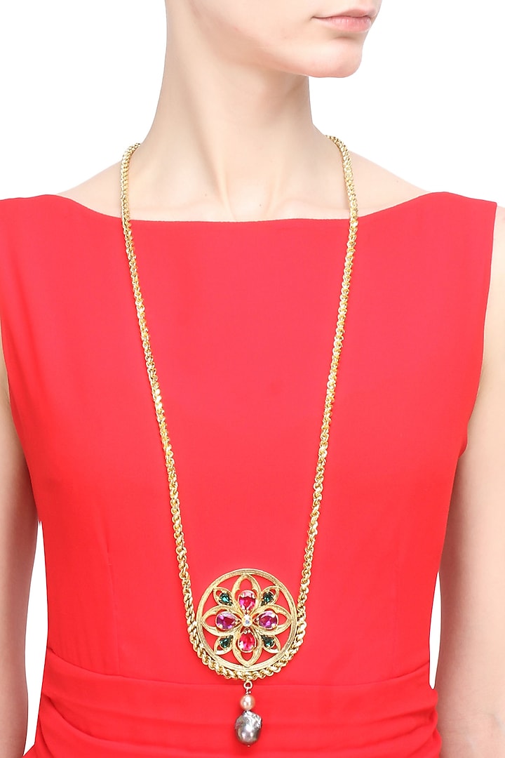 Gold finish semi precious stone round pendant necklace by Valliyan By Nitya Arora