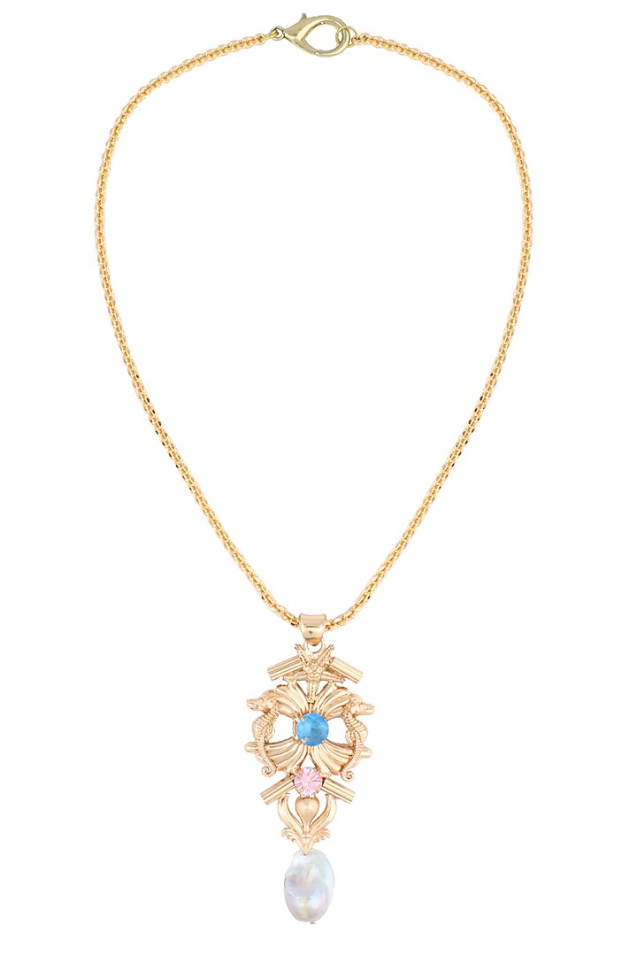 Rose gold finish semi precious stone and pearl abstract pendant necklace available only at Pernia's Pop Up Shop.
