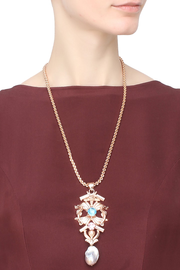 Rose gold finish semi precious stone and pearl abstract pendant necklace available only at Pernia's Pop Up Shop.