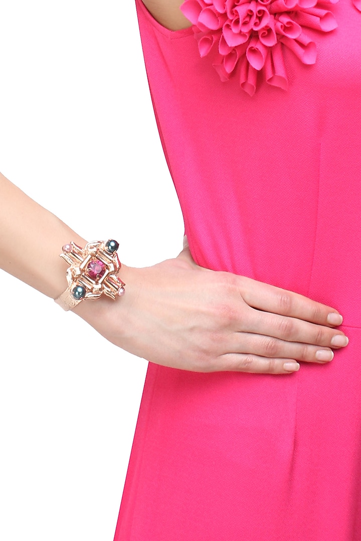 Rose gold finish semi precious stone and pearl abstract motif cuff available only at Pernia's Pop Up Shop.