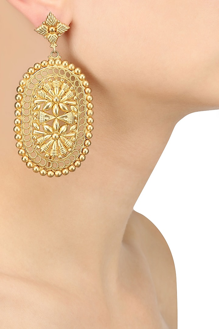 Gold Plated Textured Shenai Earrings by Valliyan by Nitya Arora