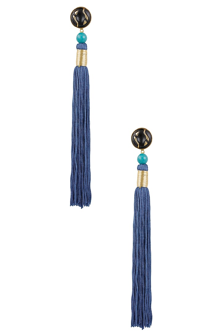 Valliyan by Nitya Arora presents Gold plated blue silk long tassel earrings available only at Pernia's Pop Up Shop.