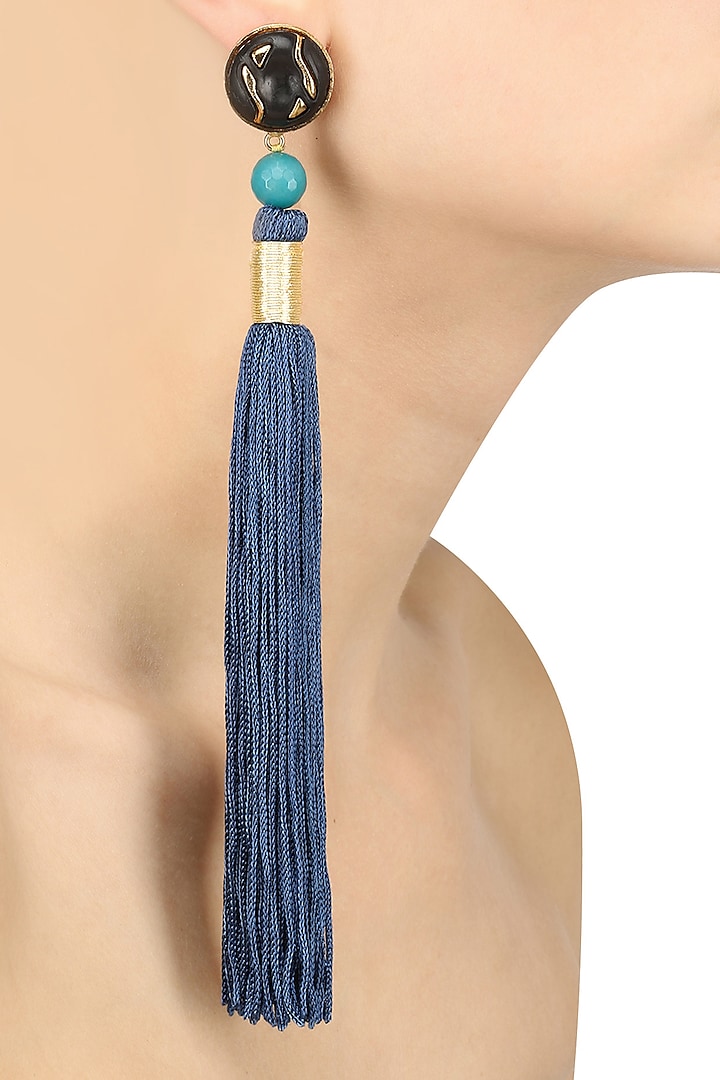 Gold Plated Blue Silk Long Tassel Earrings by Valliyan by Nitya Arora