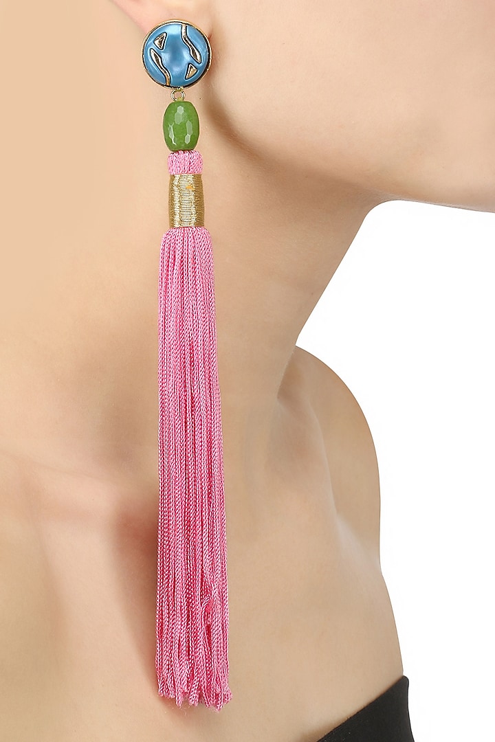 Gold Plated Pink Silk Long Tassel Earrings by Valliyan by Nitya Arora