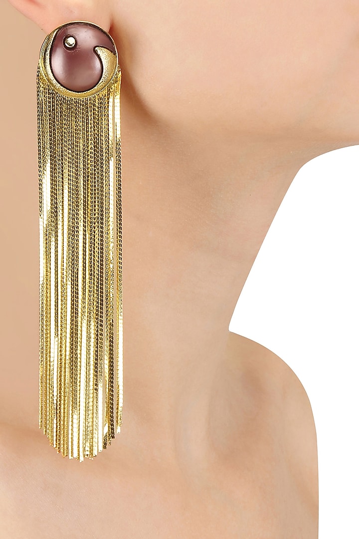 Gold Plated Maroon Stone Metal Long Tassel Earrings by Valliyan by Nitya Arora
