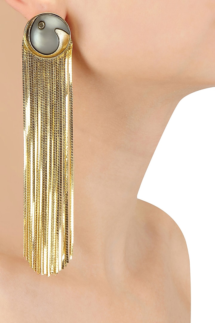 Gold Plated Grey Stone Metal Long Tassel Earrings by Valliyan by Nitya Arora