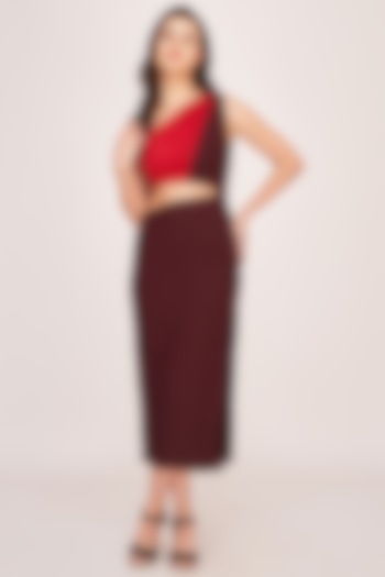 Brown & Red Crepe Velvet Satin One-Shoulder Midi Dress by House of Varada at Pernia's Pop Up Shop