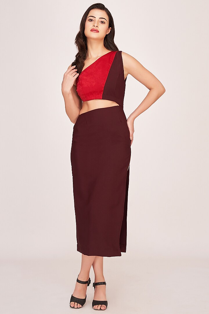 Brown & Red Crepe Velvet Satin One-Shoulder Midi Dress by House of Varada at Pernia's Pop Up Shop