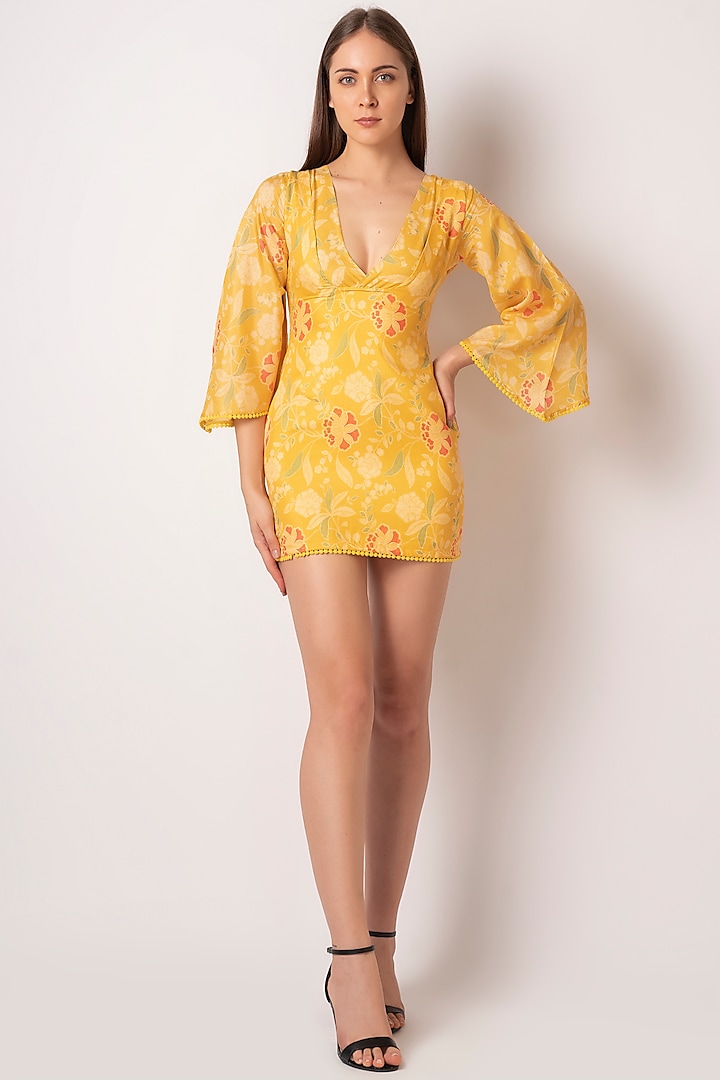 Yellow Muslin Floral Printed Dress by House of Varada