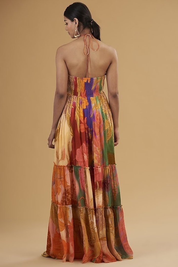 Multi-Colored Pure Crepe Digital Printed Tiered Vacation Dress by SIDDHARTHA BANSAL at Pernia's Pop Up Shop