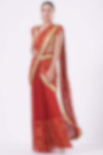 Red Lace Draped Saree Set by Vandana Malhotra