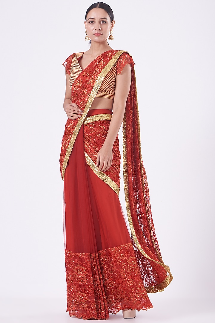 Red Lace Draped Saree Set by Vandana Malhotra