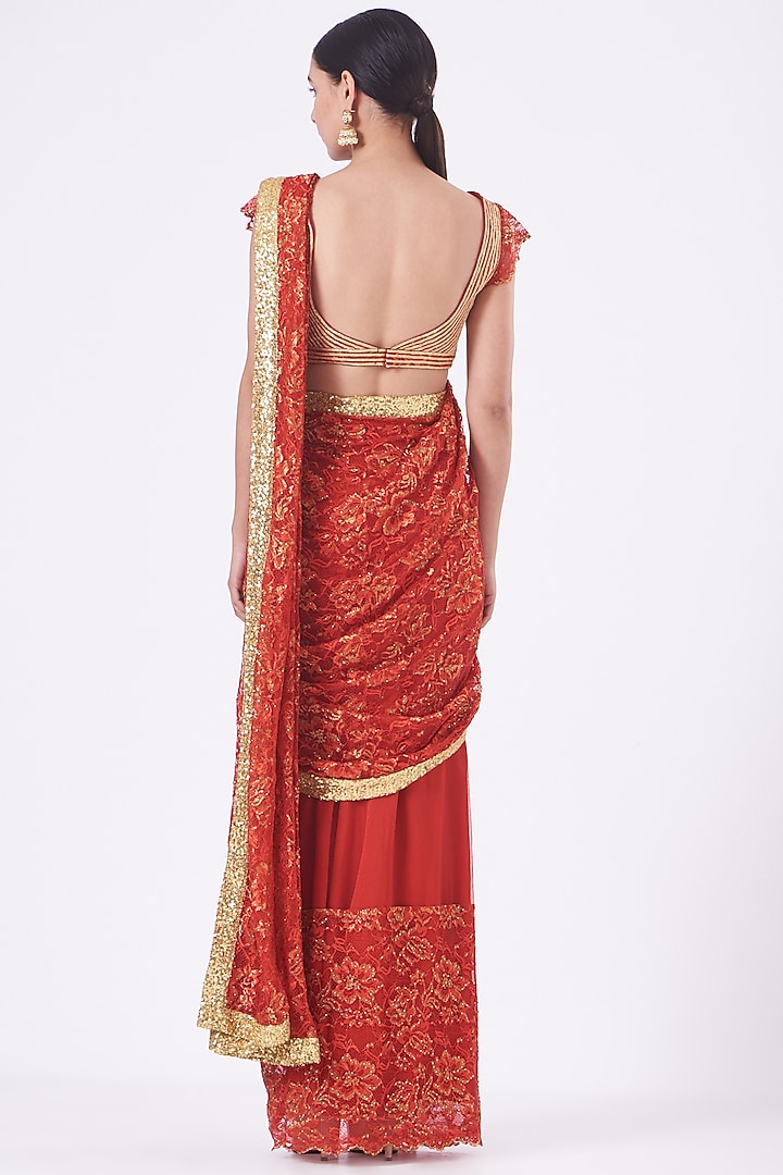 Red Lace Draped Reception Saree Set by Vandana Malhotra at Pernia's Pop Up Shop