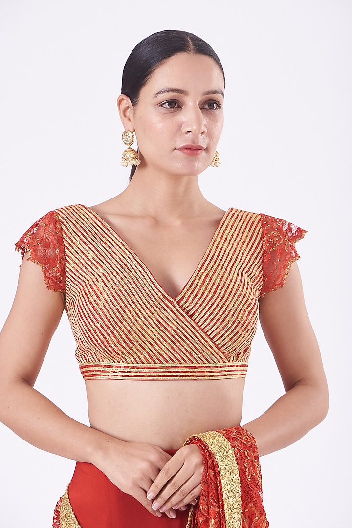 Red Lace Draped Reception Saree Set by Vandana Malhotra at Pernia's Pop Up Shop