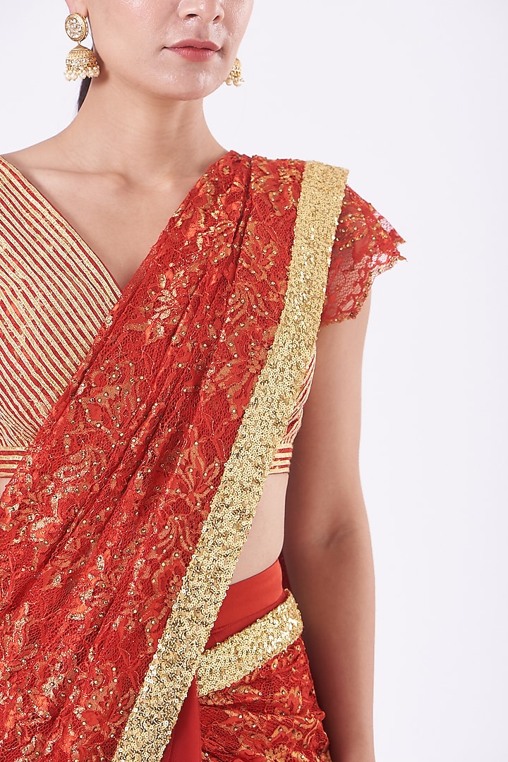 Red Lace Draped Reception Saree Set by Vandana Malhotra at Pernia's Pop Up Shop