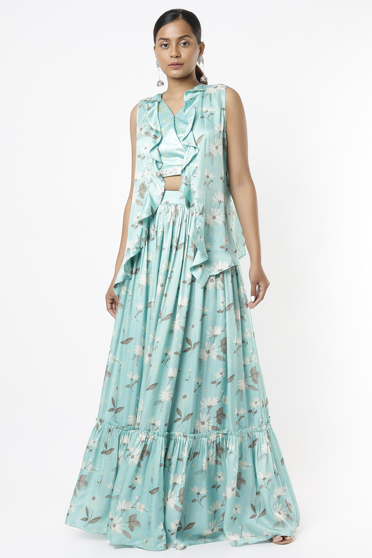 Turquoise Viscose & Satin Printed Skirt Set by VANA ETHNICS at Pernia's Pop Up Shop
