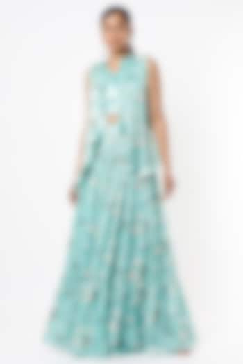 Turquoise Viscose & Satin Printed Skirt Set by VANA ETHNICS