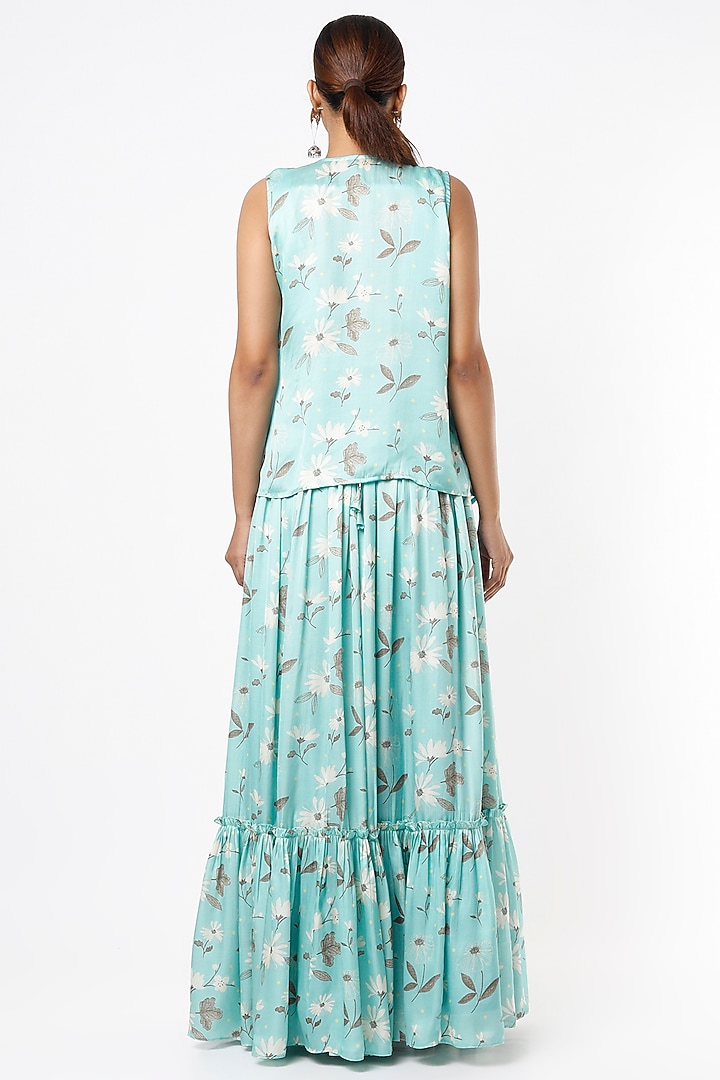 Turquoise Viscose & Satin Printed Skirt Set by VANA ETHNICS at Pernia's Pop Up Shop