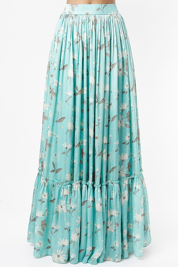 Turquoise Viscose & Satin Printed Skirt Set by VANA ETHNICS at Pernia's Pop Up Shop