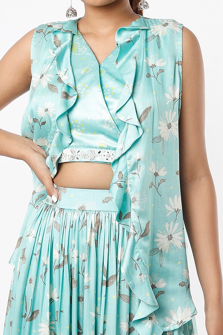 Turquoise Viscose & Satin Printed Skirt Set by VANA ETHNICS at Pernia's Pop Up Shop