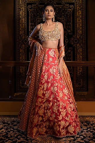 Red & Rust Gajji Silk Sequins Embellished Lehenga Set by VANA ETHNICS