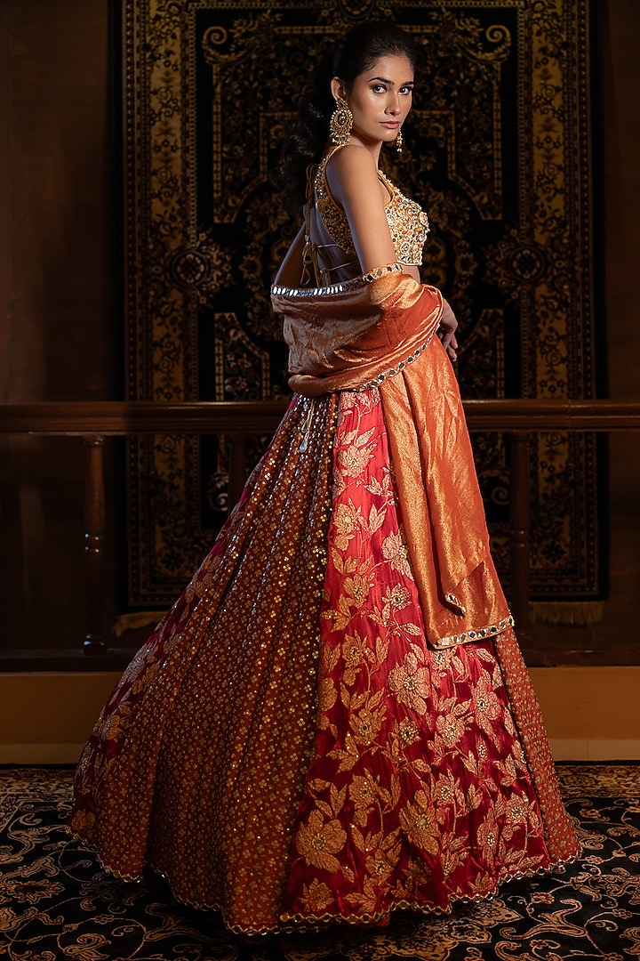 Red & Rust Gajji Silk Sequins Embellished Wedding Lehenga Set by VANA ETHNICS at Pernia's Pop Up Shop