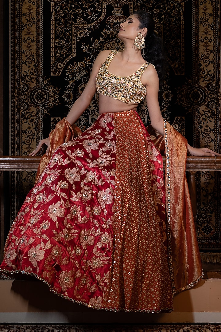 Red & Rust Gajji Silk Sequins Embellished Wedding Lehenga Set by VANA ETHNICS at Pernia's Pop Up Shop