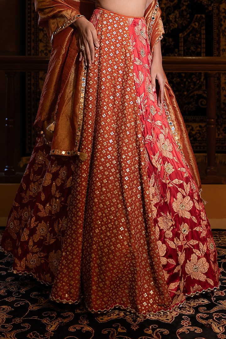 Red & Rust Gajji Silk Sequins Embellished Wedding Lehenga Set by VANA ETHNICS at Pernia's Pop Up Shop