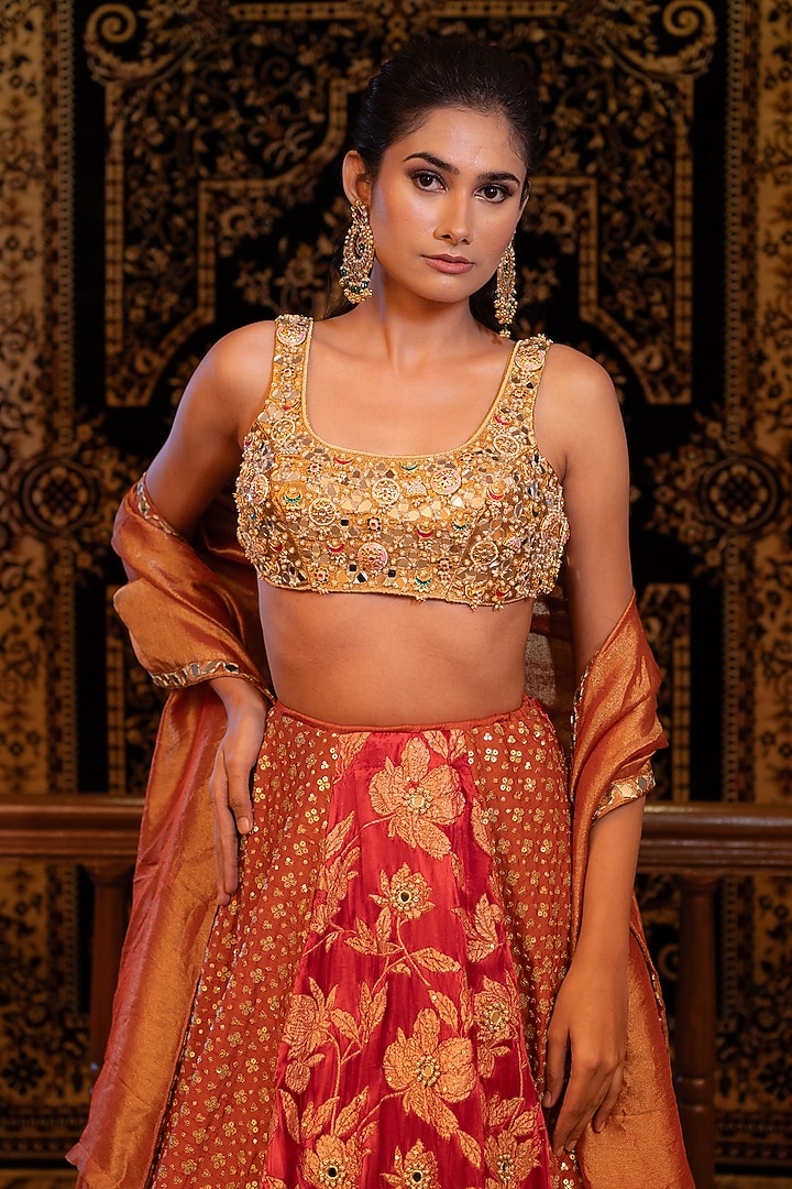 Red & Rust Gajji Silk Sequins Embellished Wedding Lehenga Set by VANA ETHNICS at Pernia's Pop Up Shop